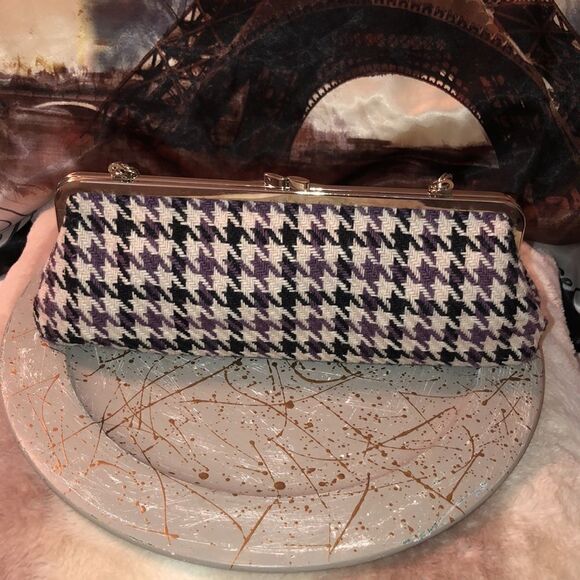 Apt. 9 Houndstooth Tweed Black Purple White With Silver Details Kissing Clutch - Picture 2 of 13